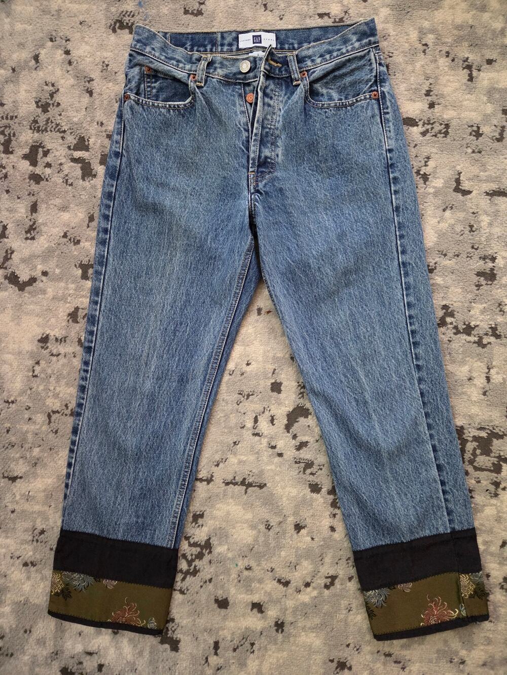Gap Women's Straight Leg Jeans with Tapestry Patchwork Cuffs Unique  Art Size 2